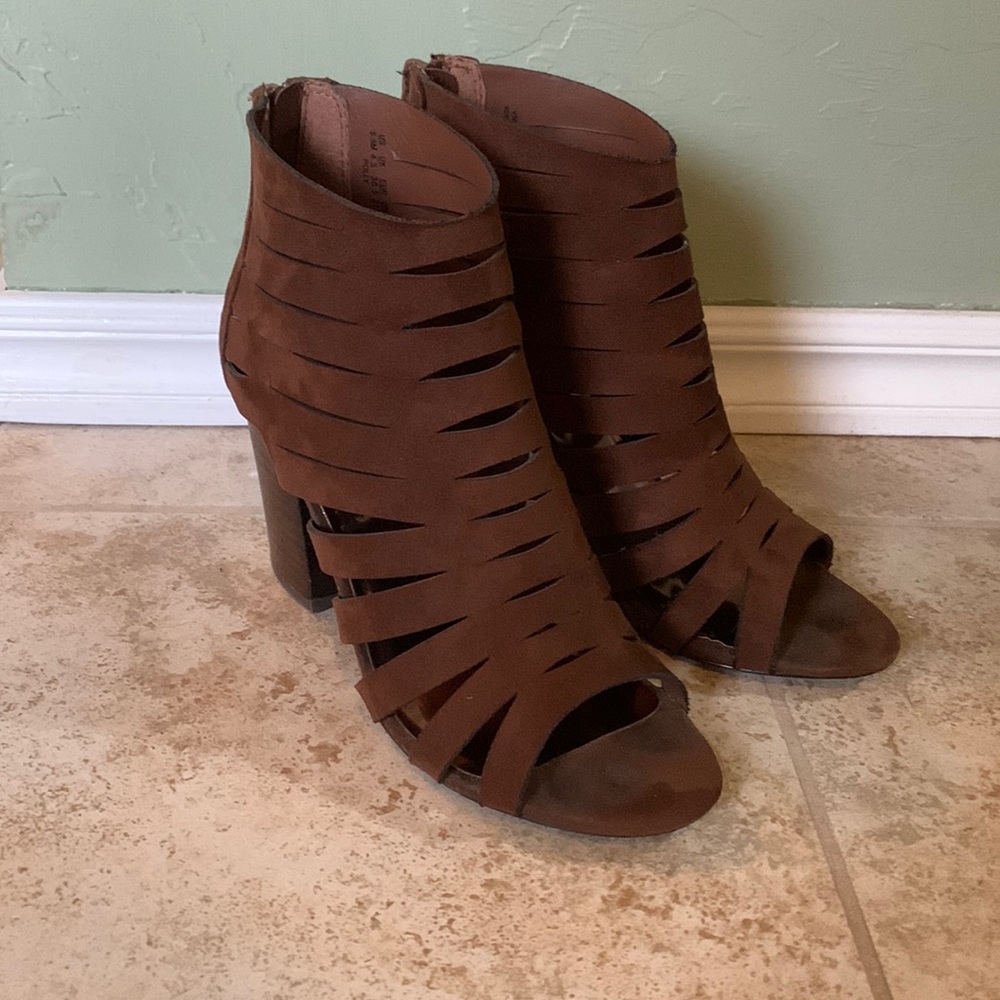 Strappy Brown Suede Block Heels